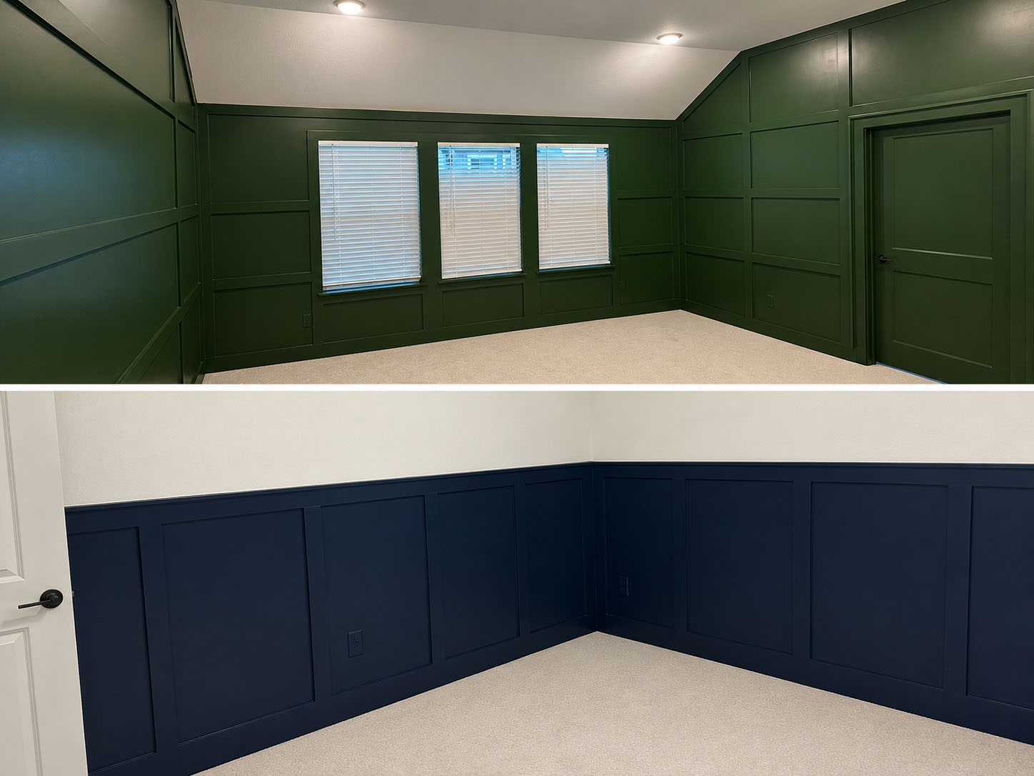 Custom trim accent walls — green full-height board and batten and navy wainscoting